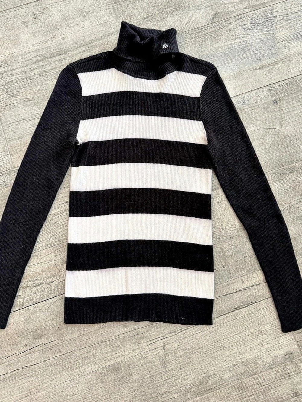 Lauren Ralph Lauren Striped Cotton Ribbed Turtleneck Sweater Black & White Size